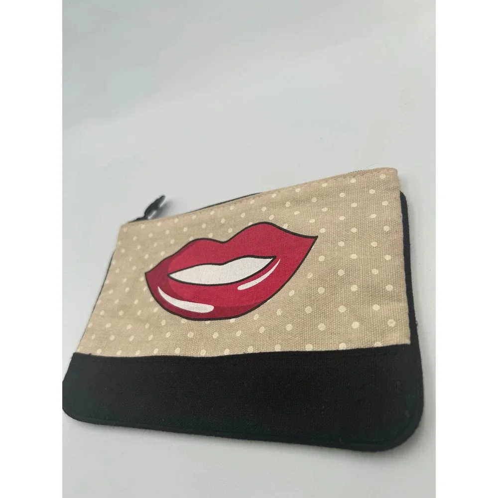 Lips Polka Dot Canvas Makeup Bag Cosmetic Pouch Tan Black Red Zippered Case